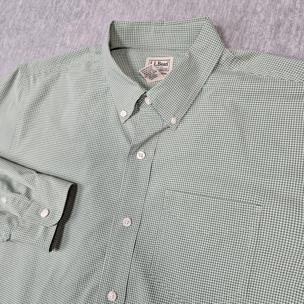 L.L.Bean Shirt Men L Green Check Button-Down Long Sleeve Slightly Fitted Coolmax